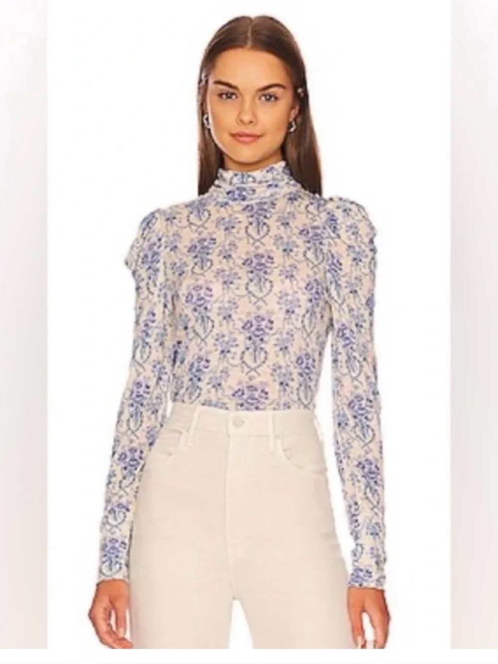 LoveShackFancy Cream Mock Neck Top with Blue Floral Print